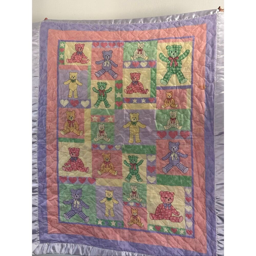 Teddy Bears Handmade Quilt Crib/Lap Hand Quilted 43 X 33 Teddy Bears satin edge